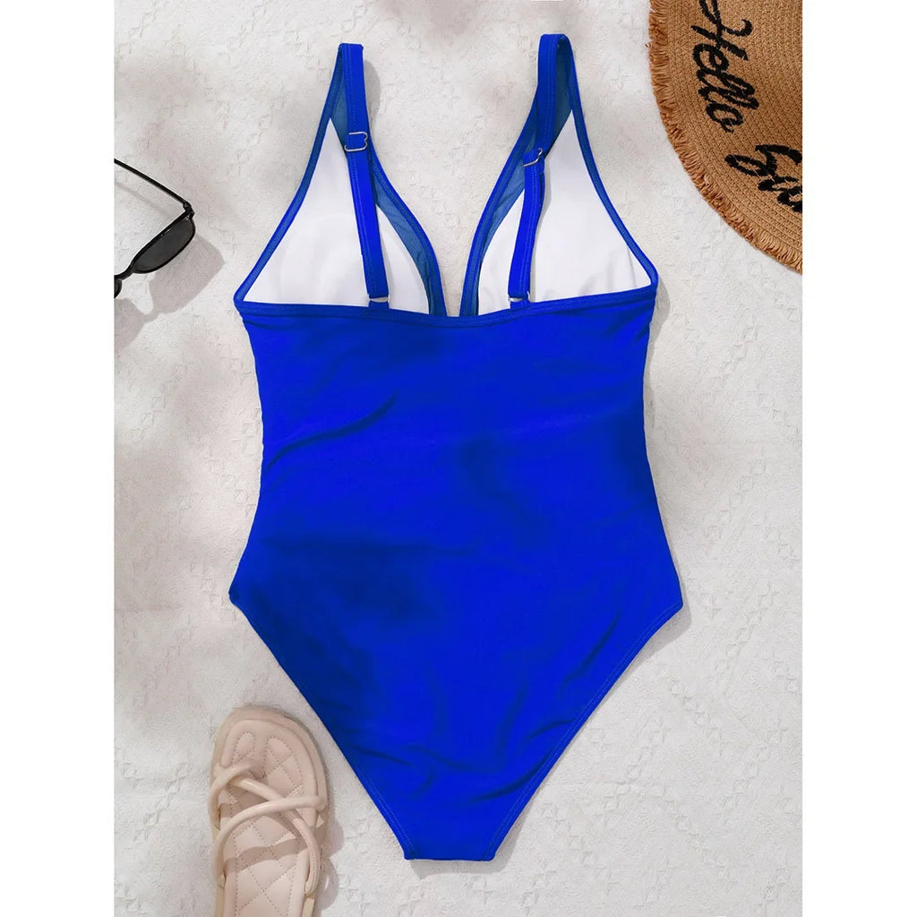 S - XL New Sexy Mesh Sheer V Neck Women Swimwear One Piece Swimsuit Female High Leg Cut Monokini Bather Bathing Suit Swim V5136