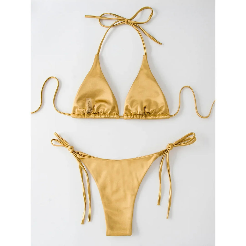 Sexy Satin Halter Brazilian Padded Bikini Female Swimsuit Women Swimwear Two-Pieces Bikini Set Bather Bathing Suit Swim V4966S