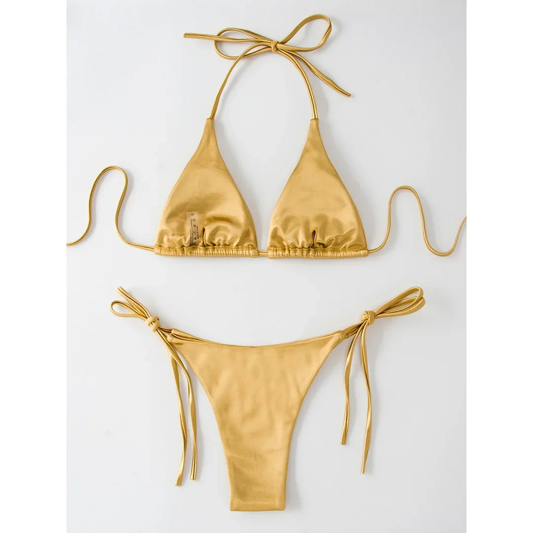Sexy Satin Halter Brazilian Padded Bikini Female Swimsuit Women Swimwear Two-Pieces Bikini Set Bather Bathing Suit Swim V4966S