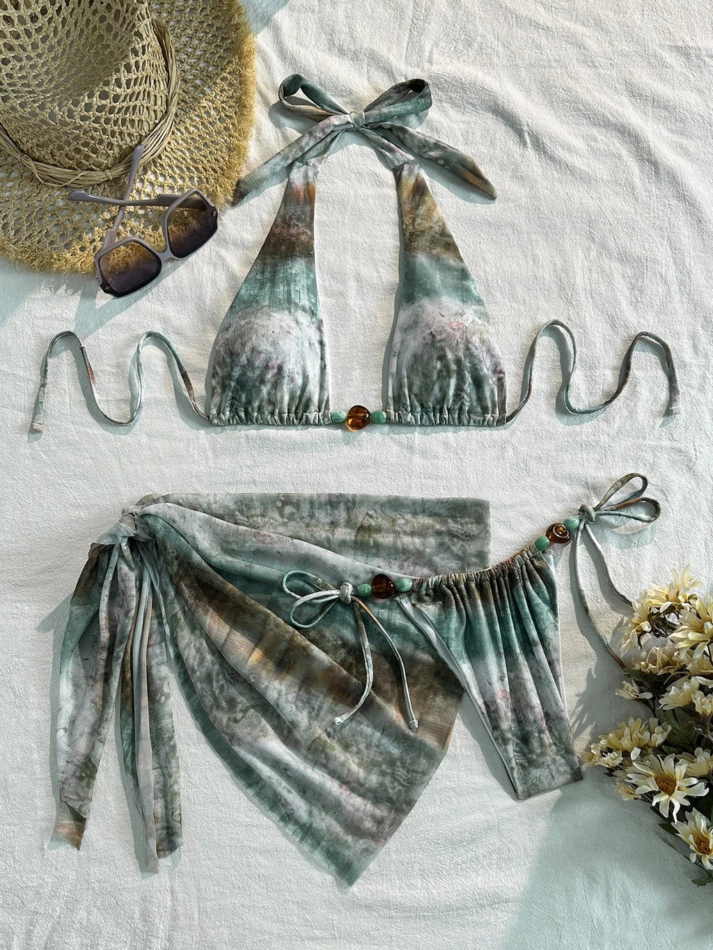 DEKA Women's Tie Dye Printed High Cut Bikini Three Piece Bikini Set Twist Front Halter Swimwear With Cover Up Skirt Ruched Beach