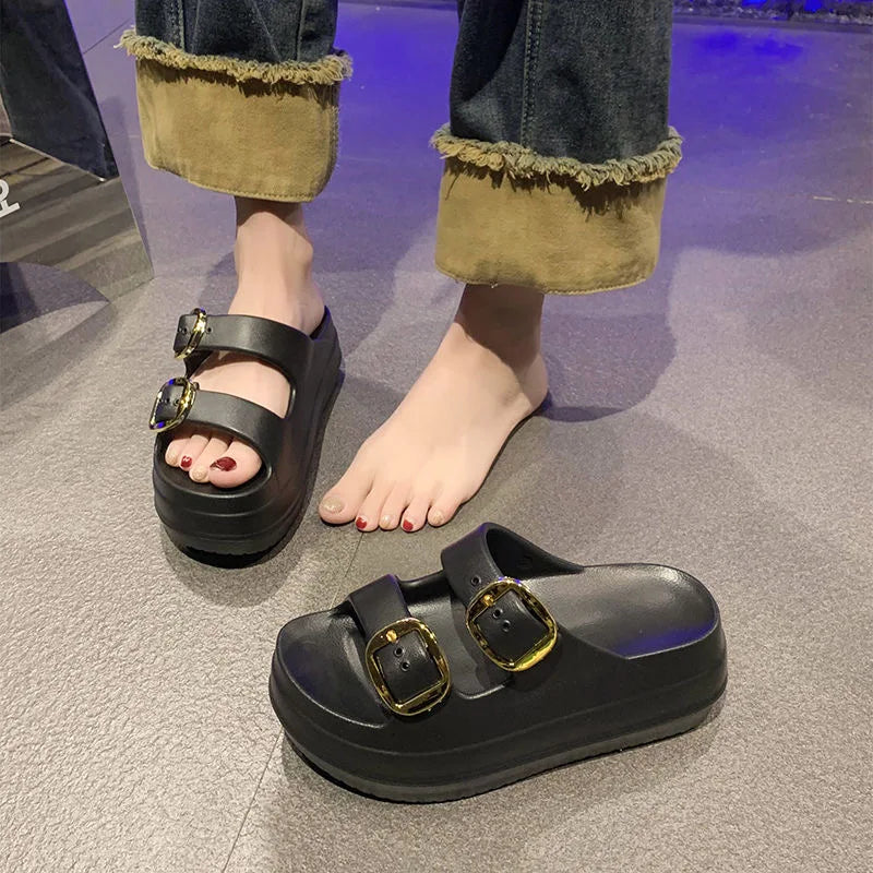 Women's Slippers Solid Color One Line  Thick Soles Anti Slip and Wear-resistant Fashionable Simple Indoor Outdoor Beach Sandals