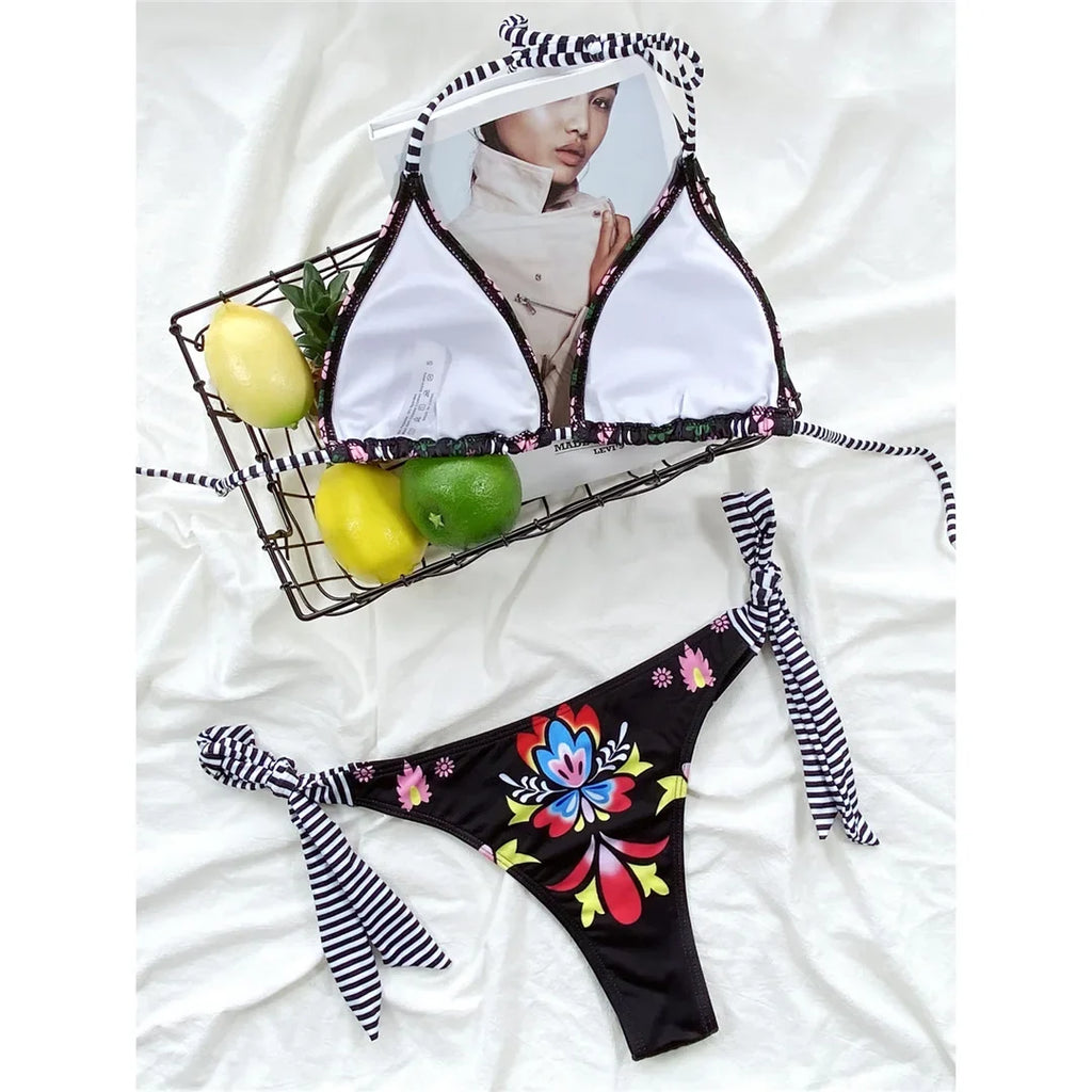 Brazilian Women Swimwear Flowers Printed Halter Bikini Female Swimsuit Two-Pieces Bikini Set Bather Bathing Suit Swim Lady V3394