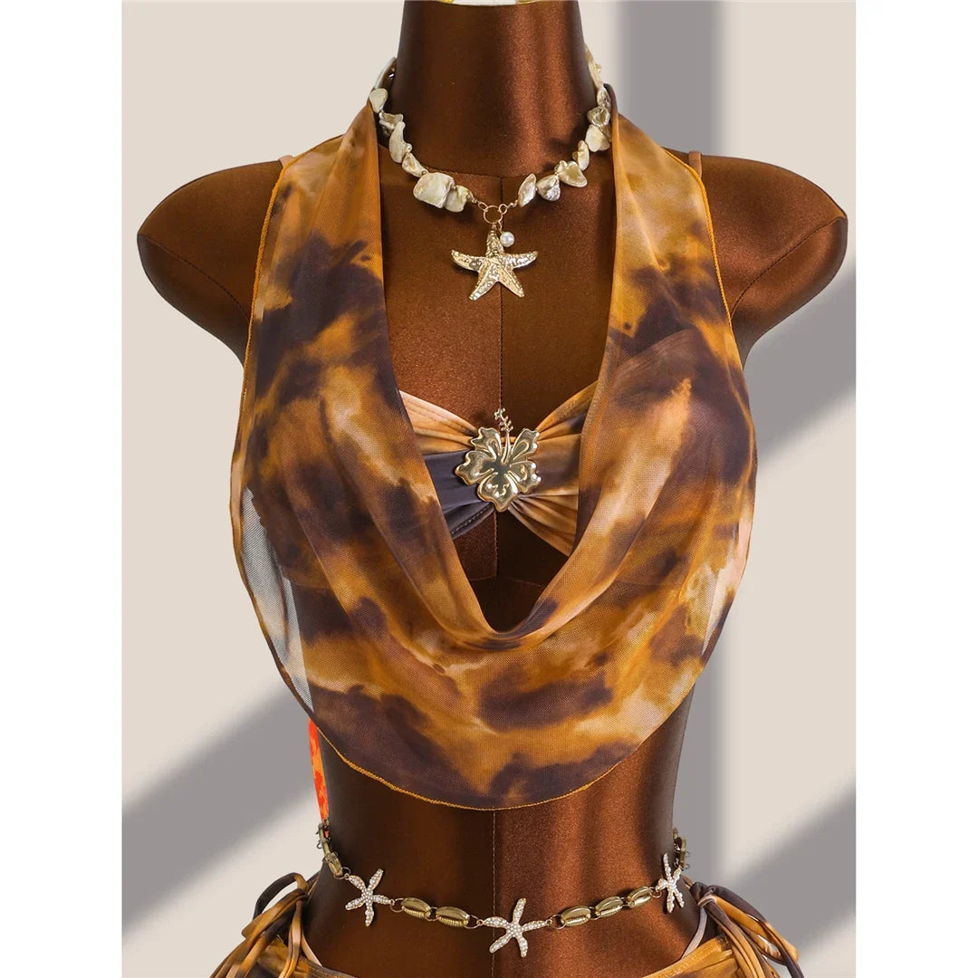 Four-pieces Bikini set Bather Bathing Suit Swim Tie Dye With Skirt Halter Cover Up Bikini Female Swimsuit Women Swimwear K8114