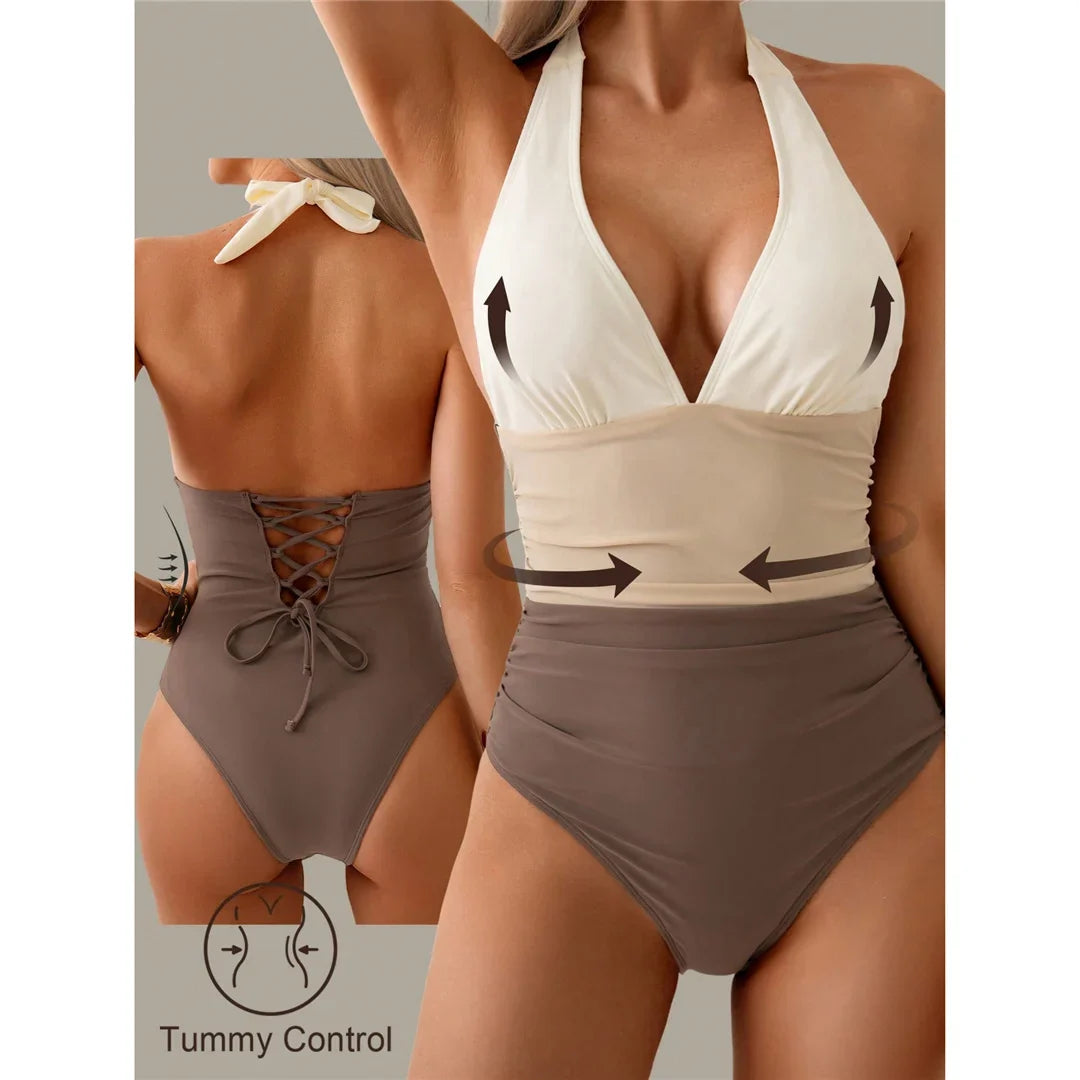 S - XL Splicing V Neck Backless Halter Women Swimwear One Piece Swimsuit Female Monokini Padded Bather Bathing Suit Swim V7559