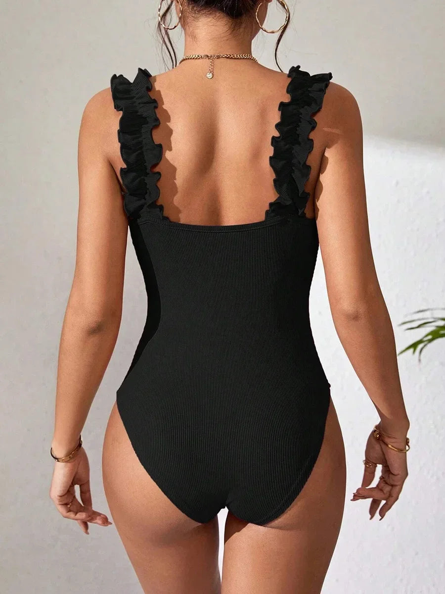Ribbed Ruffled Frilled Trim Female Swimwear One Piece Swimsuit Women Monokini High Leg Cut Bathing Suit Swim Bodysuit Beach Wear