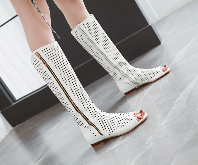 NASBAVI Fashion Women Flats Knee High Summer Boots Peep Toe Square Heels Fretwork Party Shoes Retro Rome Sexy Ladies Footwear
