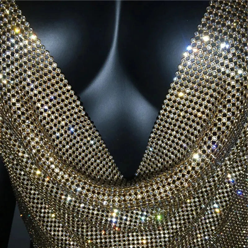Festival Brilliant Rhinestone Backless Party Crop Top Women 2025 Summer Glitter Evening V Neck Diamonds Metal Tank Tops