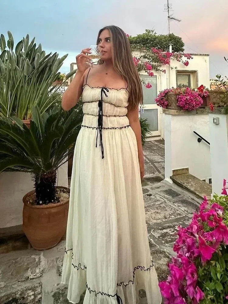 Foridol Spaghetti Strap White Sundress Flounced Edge Women's Dress Summer Beach Style Maxi Dress Bowknot Boho Vestidos 2025