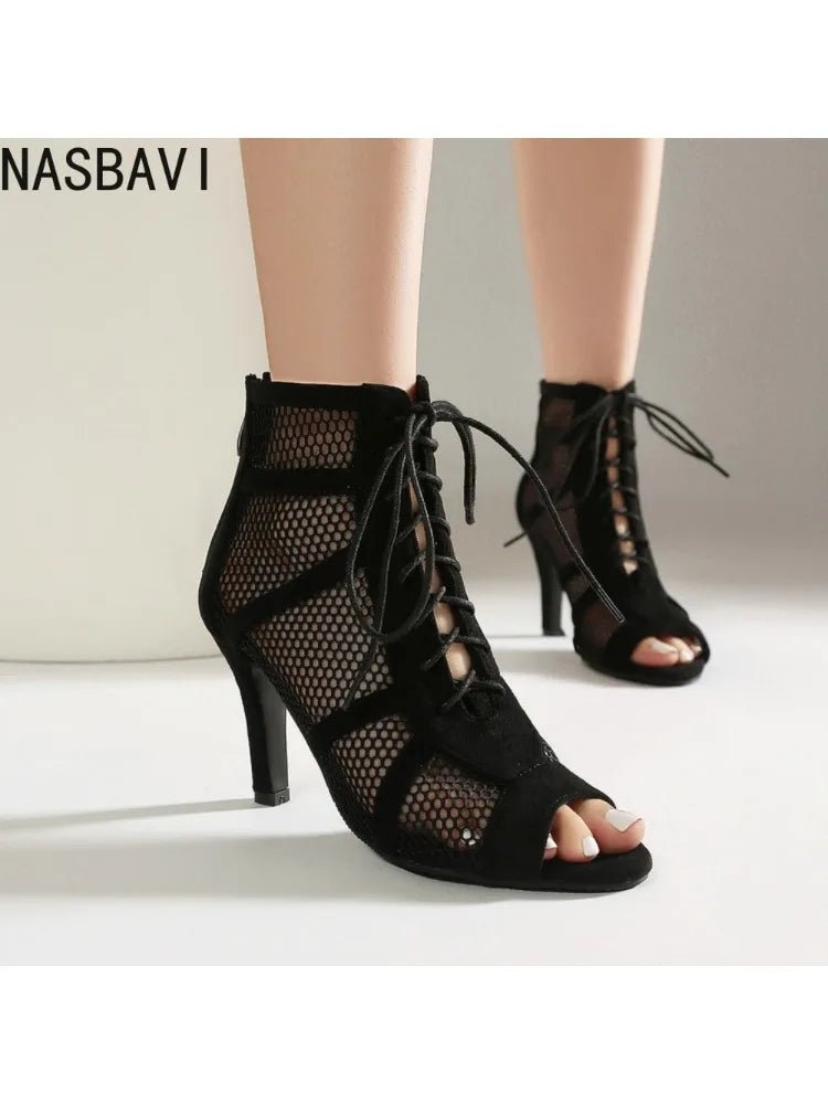 NASBAVI Women Latin Dance Boots Tango Party Shoes for Ladies Girls High Heels Ballroom Dance Shoes Mesh Rumba Samba Salsa Shoes