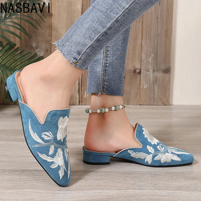 NASBAVI Fashion 3d Embroidery Mules Women Fur Slippers Velvet Shoes Ladies Low Heel Flower Decoration Sandals Women's Flip Flops