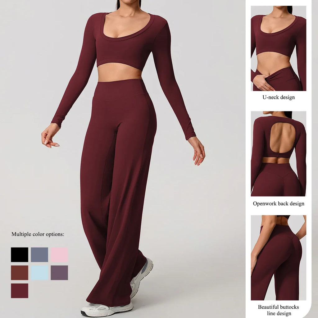 Hearuisavy Sports Set 2Pcs Women's  Long Sleeve Backless Fitted Fitness Top Push Up Pilates Yoga Top Wide Leg Straight Leg Pants