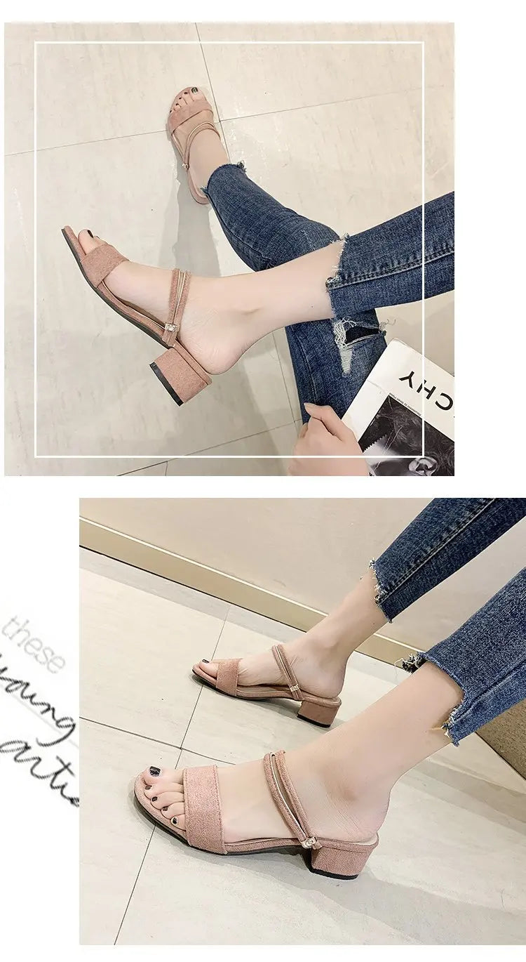 Women Sandals Chunky Heels Slides Summer 2026 Elegant Shoes Women Slipper Big Size 34-42 Fashion Summer Sandal Women