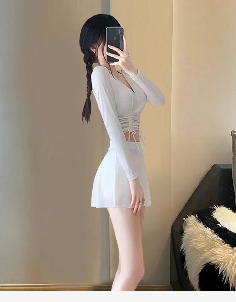 Split Swimsuit Women's Two-piece Solid Color Skirt Style Fairy Style Long Sleeved Sunscreen Sports Flat Pants Swimsuit