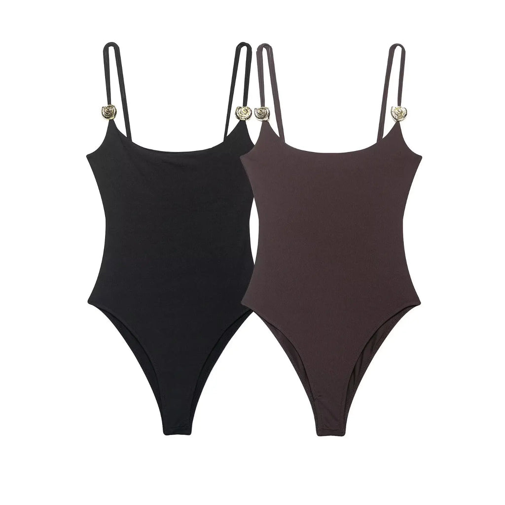 Black And Brown Spaghetti Strap Bodysuits With Rose Gold Button Decor Elegant Slim Fit Shapewear For Women Nightclub Wear 4UMT