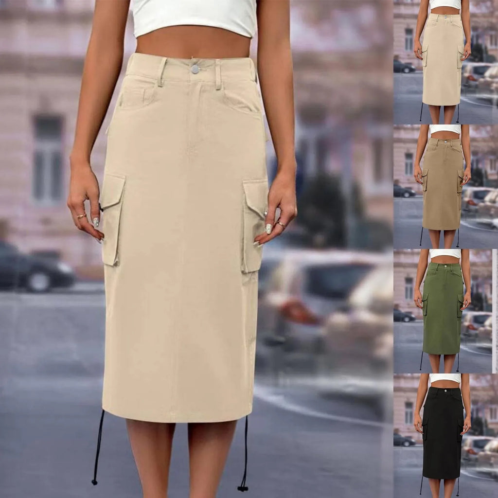 Womens Cargo Midi Skirt High Waist Multi Pocket Pencil Skirt Side Drawstring Ruched Split Hem Bodycon Summer Skirts Streetwear