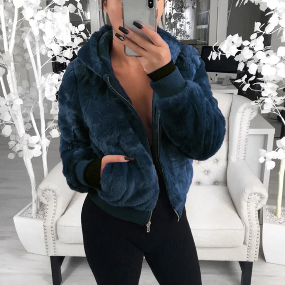 Phantasy Women's Hoodies Women Clothing Streetwear New Style Fashion Hooded Imitation Fur Plush Coat Solid Color Jacket Female