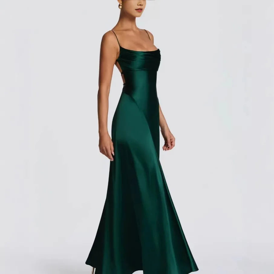 Australian Women's Back-cross-strap Hollow-out Camisole Dress With Chest Pleats Slim-fit Waist And Long Skirt Pure Desire ZJBL