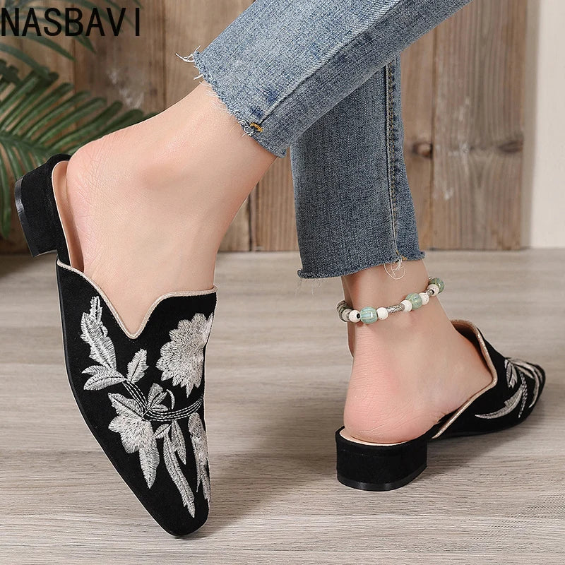 NASBAVI Fashion 3d Embroidery Mules Women Fur Slippers Velvet Shoes Ladies Low Heel Flower Decoration Sandals Women's Flip Flops