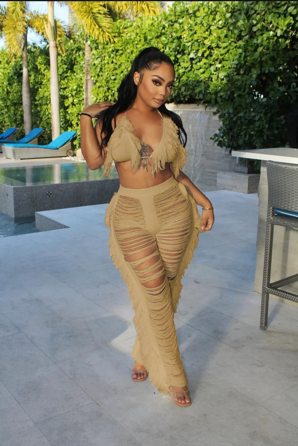 DEKAWomen Tassel Pants Knitted Bra Top Bikini Set Swimsuit Handemade Crochet Bikini Cover Up Tassel Beach Long Wrap Pant