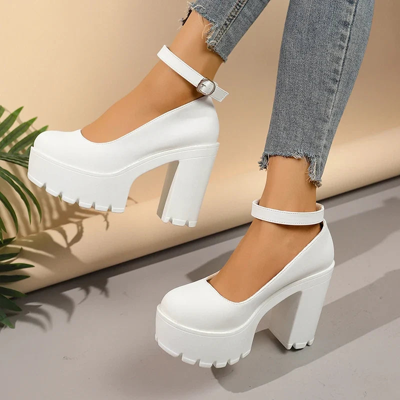 Black Super High Heels Mary Jane Shoes Women Plus Size 42 Chunky Platform Pumps Woman Ankle Buckle Party Wedding High Heel Shoes