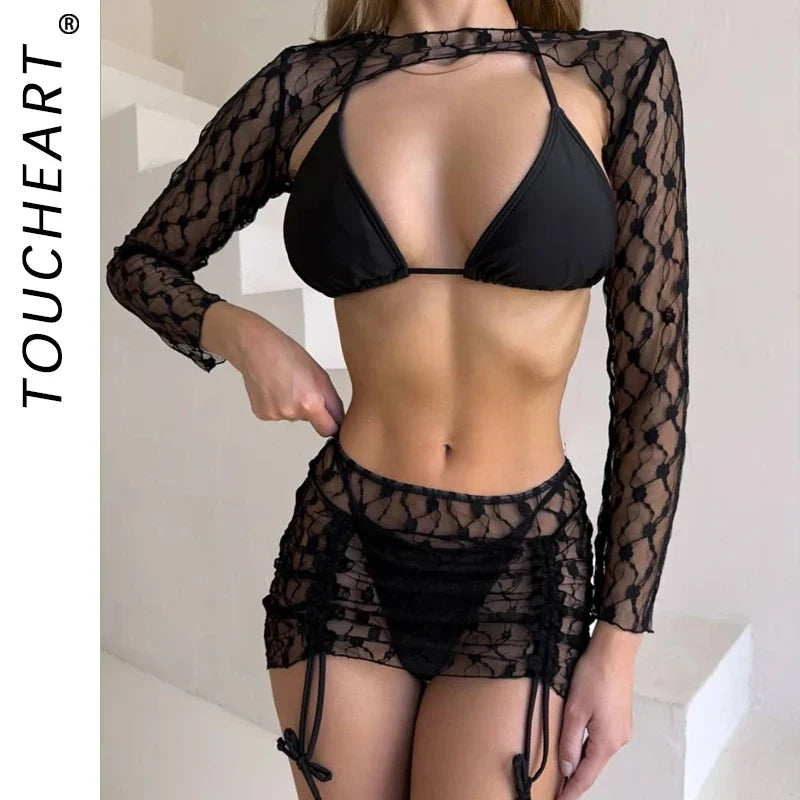 Toucheart Sexy Lingerie Suit for Women Mesh Four-piece Beach Swimsuit Sexy Bikini Solid Color Long Sleeves Mesh See-through Set