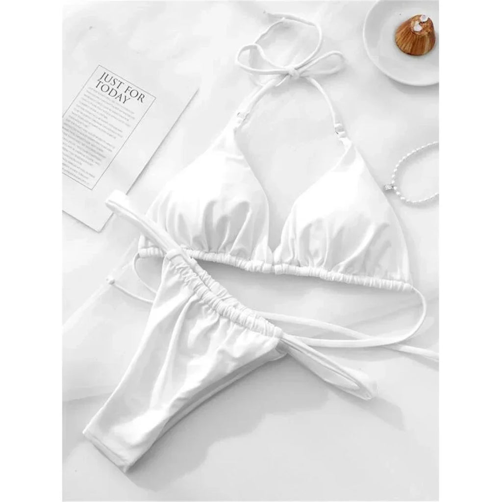 Wrinkled High Cut Mini Micro Thong Bikini Women Swimwear Female Swimsuit Two-pieces Bikini Set Halter Bather Bathing Suit Swim