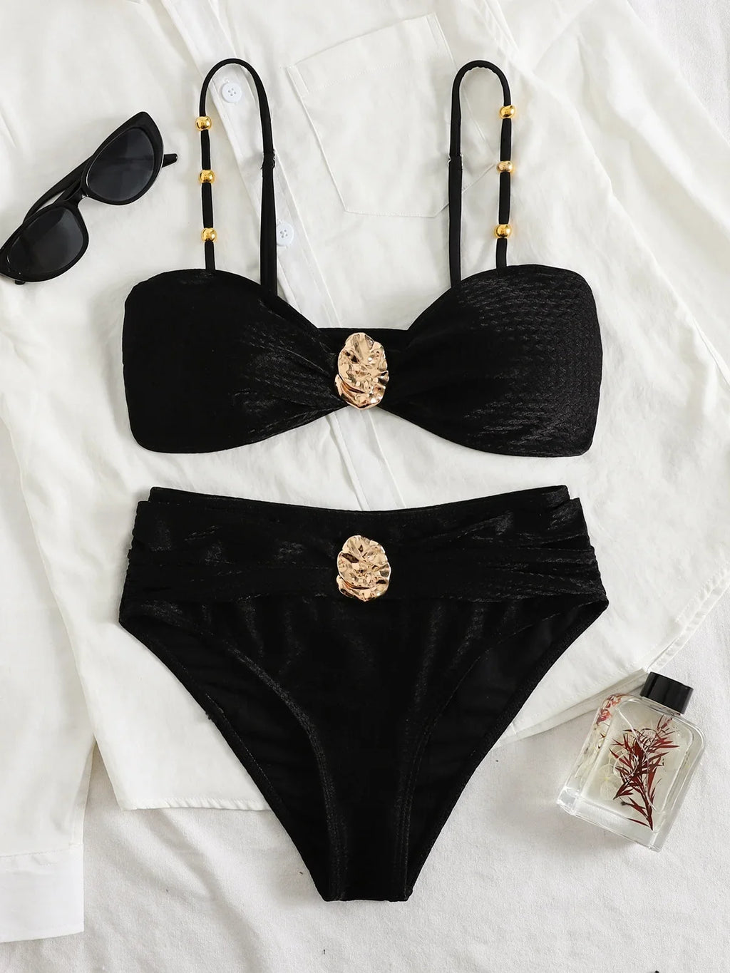 Sexy Metal Buckle High Waist Bikini Set Women Black Green Pleate Push Up Bra Swimwear Beach Bathing Suit Two Piece Swimsuit 2026