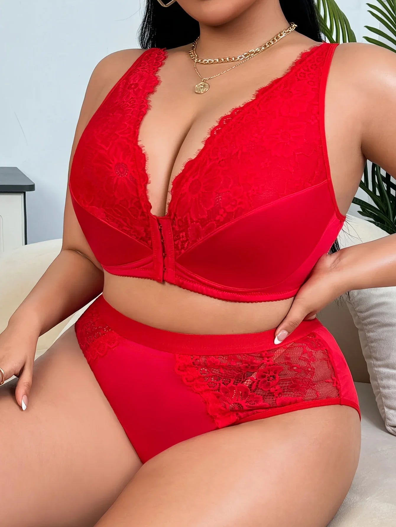 Plus Size Front Closure Lingerie Set, French Lace Sweet & Sexy Bra, Alluring Underwear Outfit