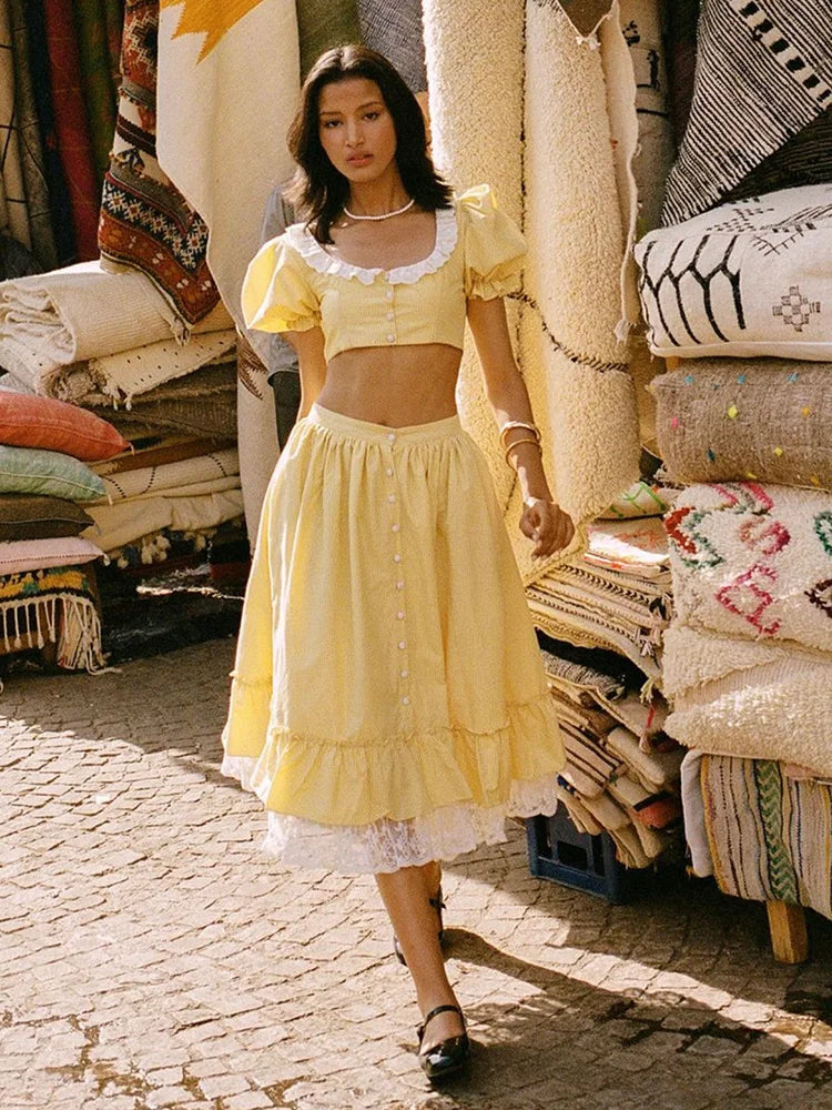 Foridol Gingham Printed Yellow Women Summer Dress Set Lace Top+skirt Sets Vintage French Style Midi Dress Oufits Plaid Vestidos