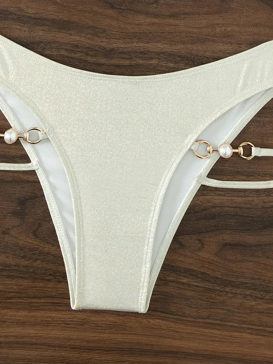 Shiny Sparkling Halter Pearls Bikini Women Swimwear Female Swimsuit Two-pieces Bikini set Hollow Out Bather Bathing Suit Swim
