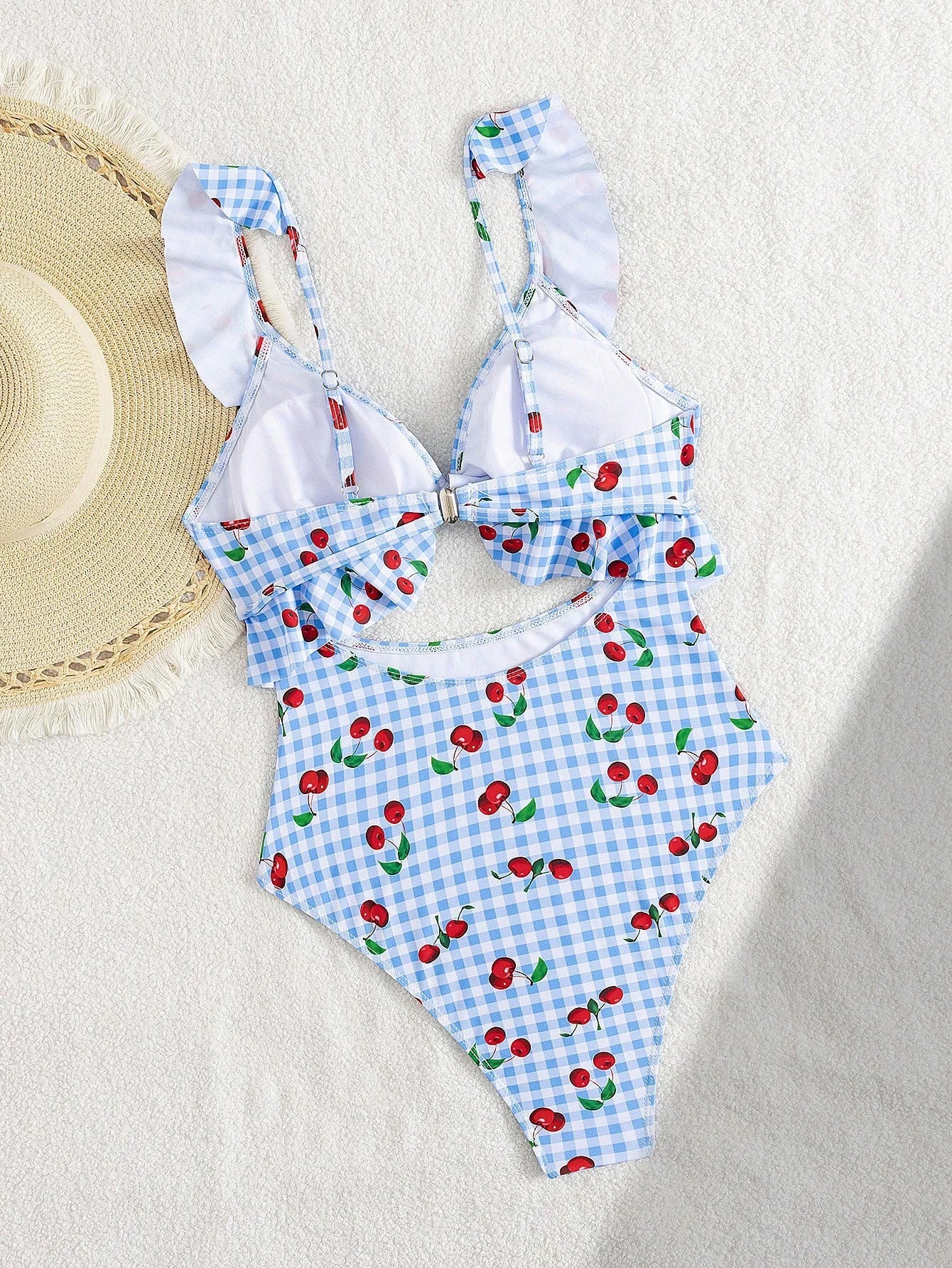 Vintage Pink Starberry Print One Piece Swimsuit 2026 Women Ruffles Bandage Cross High Waist Bikini Beach Bathing Suit Swimwear