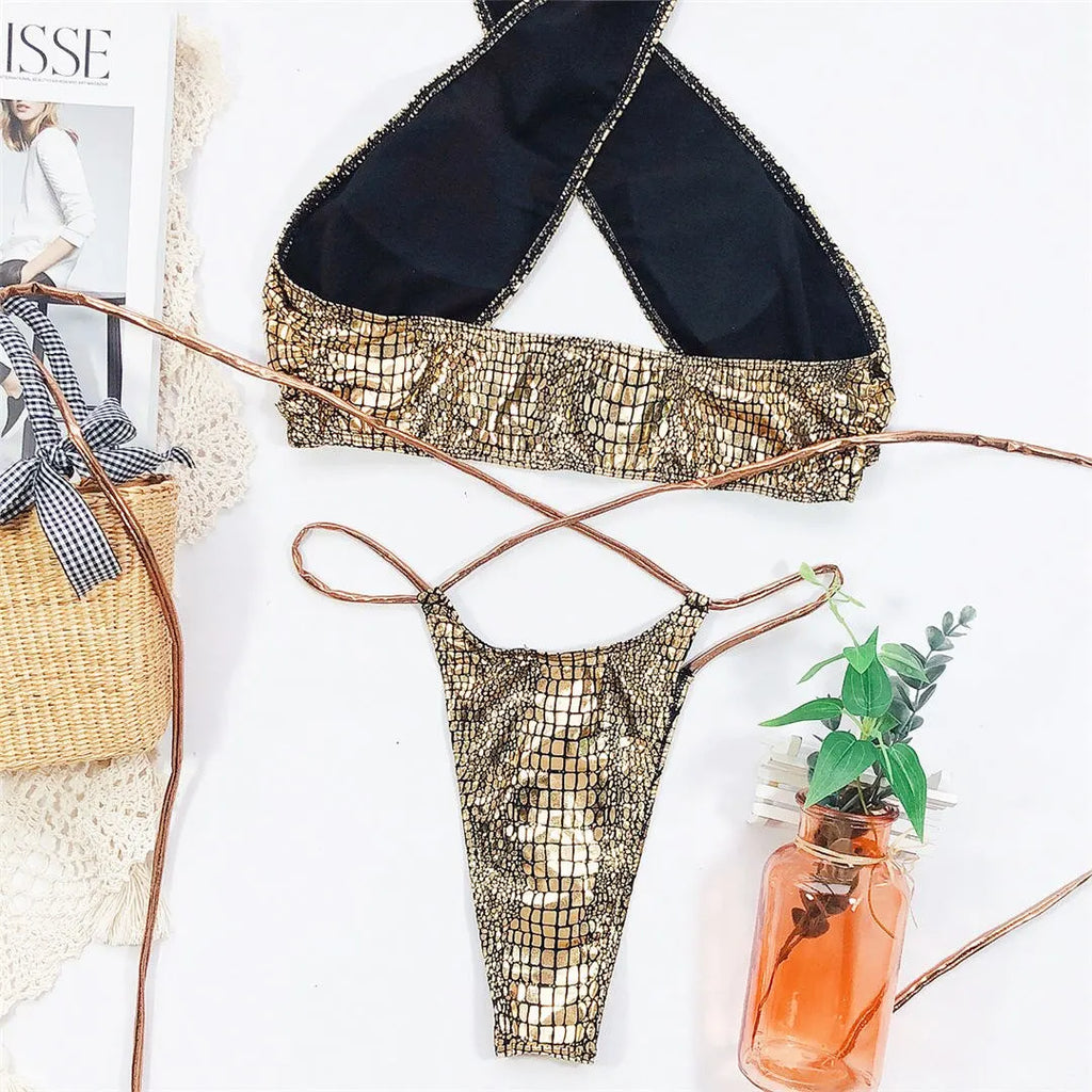 2026 Shiny Halter Thong Bikini Women Swimwear Female Swimsuit Two-Pieces Bikini Set Wrap Around Bather Bathing Suit Swim V2089