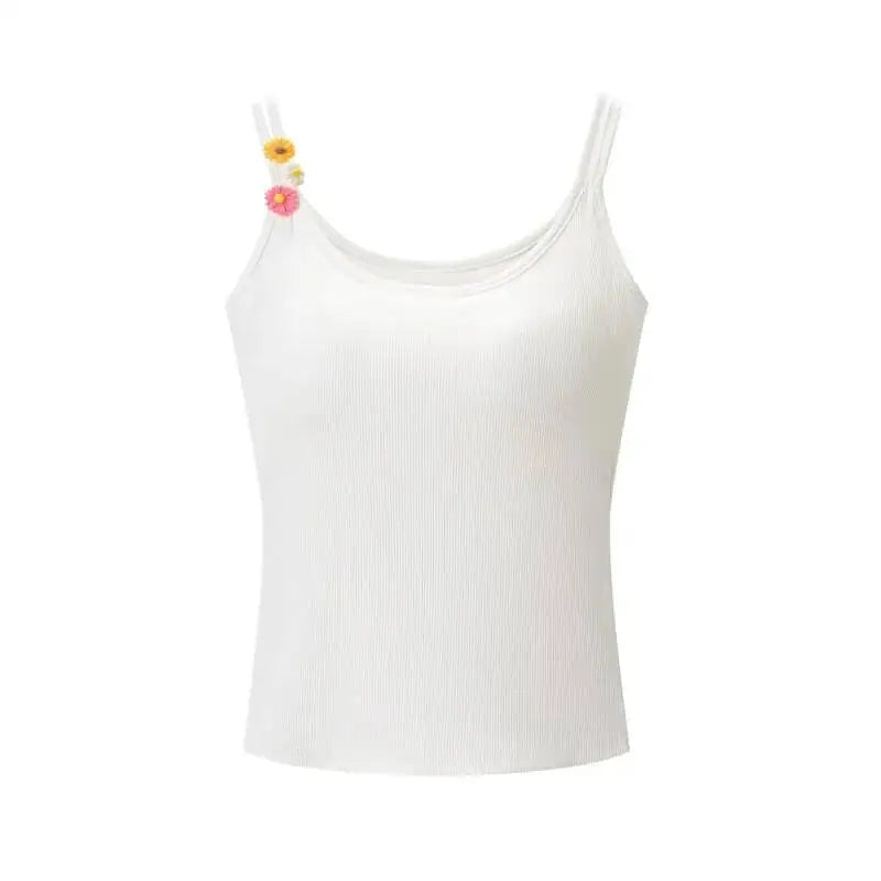 Fashion Solid Color Thin Strap Floral Chest Pad Women White Ribbed Top With Sleeveless Slim Fit Casual Summer Top Charming 3N4J