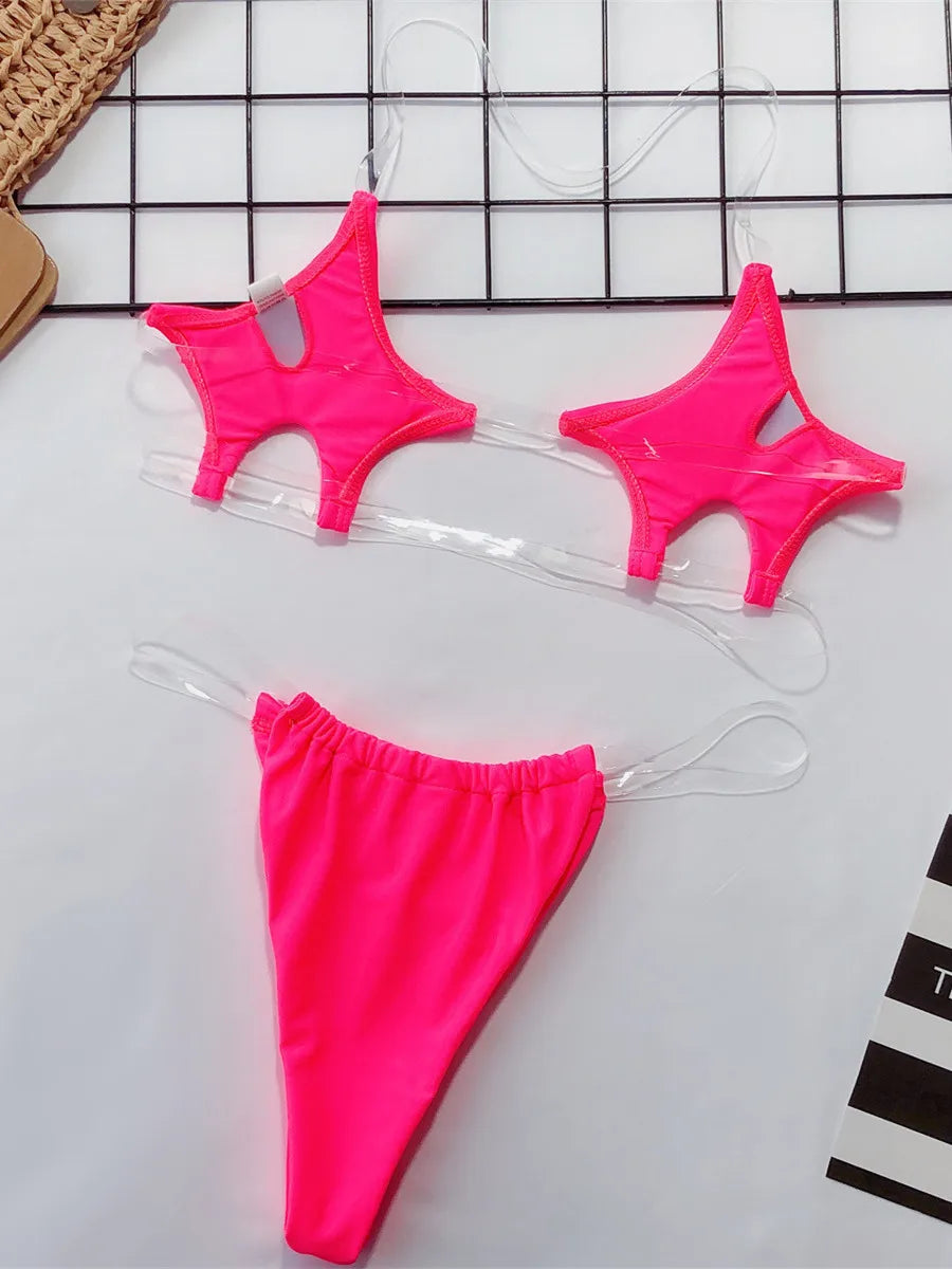 Micro Bikini Women Clear Strap Push Up Bra Neon Yellow Gold Transparent Swimsuit Women Triangle Bather Thong Swimwear Biquini