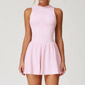 Women Front Zipper Tennis Dress Fake Two-piece Pieces Stand Up Collar Slim Fit Soft Sports Sets Fitness Pocket Skorts Yoga Suits