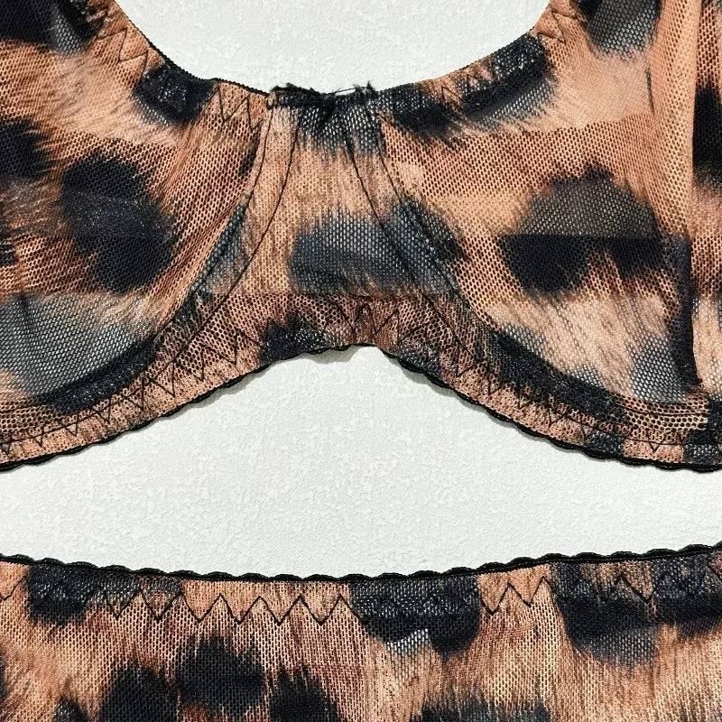 Toucheart Erotic Lingerie Leopard Print 5-piece Set with Gloves and Stockings Tie-dye Printed Sexy Hot Lingerie Suit for Women