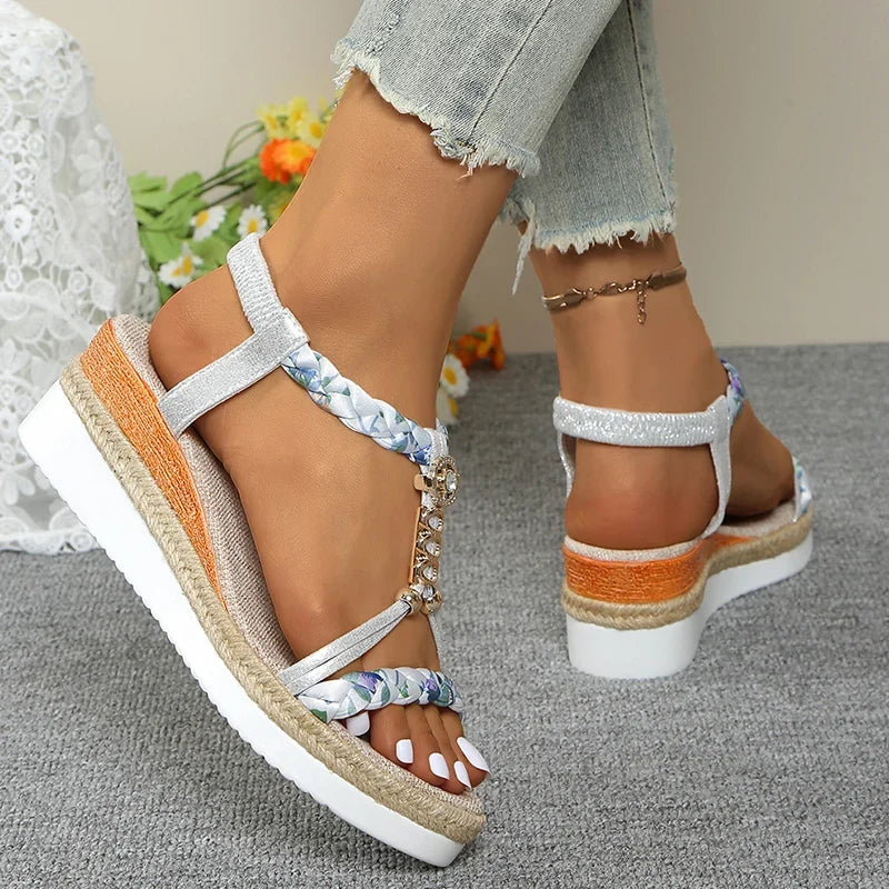 Fashion T-Strap Platform Sandals for Women New Mix Color Elastic Band Wedge Sandals Woman Summer Daily Open Toe Sandalias Female