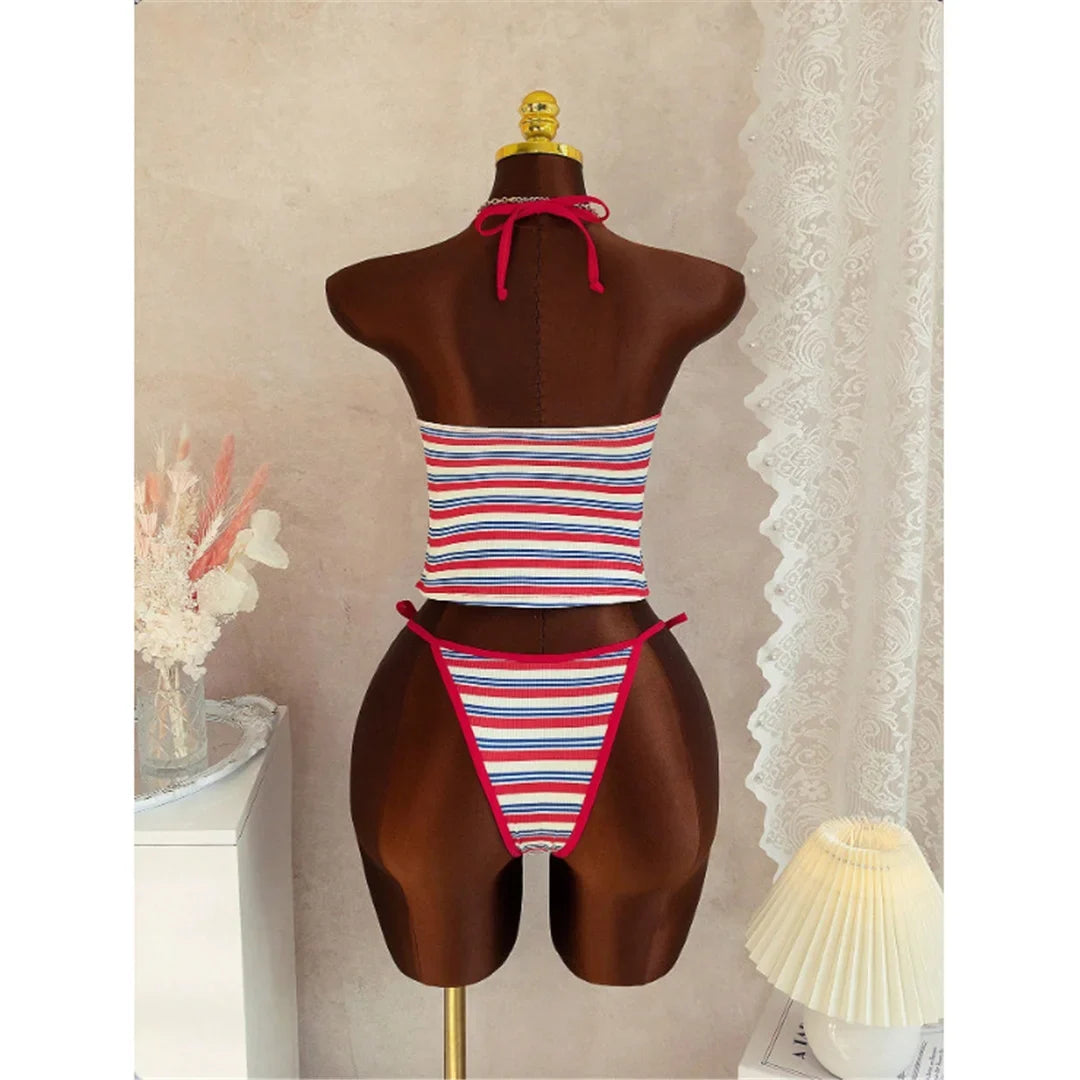 S - XL Striped V Neck Tankini Halter Bikini Female Swimsuit Women Swimwear Bather Bathing Suit Swim Two-pieces Bikini set K8110