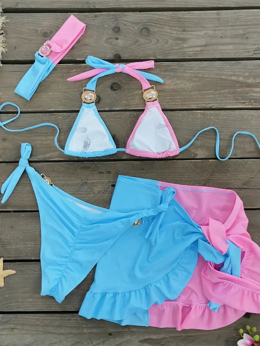 Sexy Skirt 4 Pieces Bikini Set Women Luxury Blue Patchwork Rhinestone Push Up Cover Up Swimsuit 2024 Beach Bathing Suit Swimwear