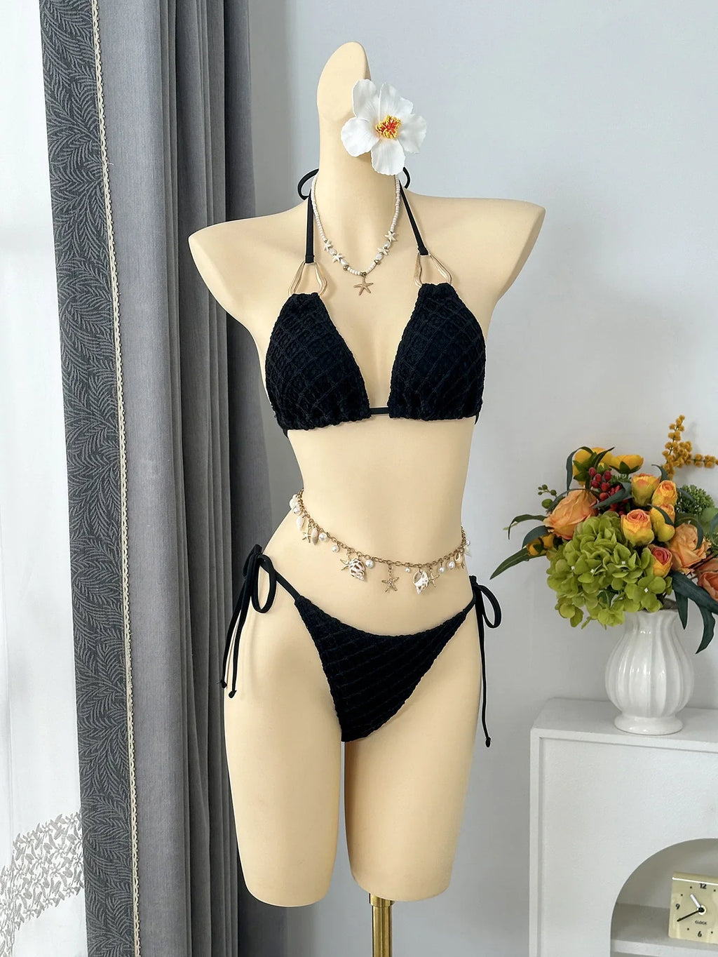 Sexy Mesh Cover Up 3 Piece Bikinis Sets 2026 Women Black Metal Chain Strap Push Up Thong Swimsuit Holiday Bathing Suit Swimwear