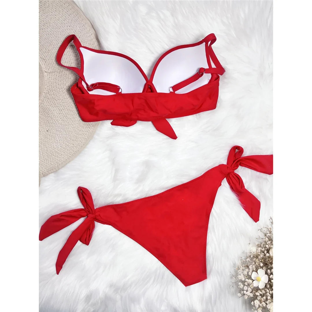 XS - XL Knotted Push Up Bikini Swimsuit Female Swimwear Women Two-pieces Bikini Set With Bra Cup Bather Bathing Suit Swim V3992