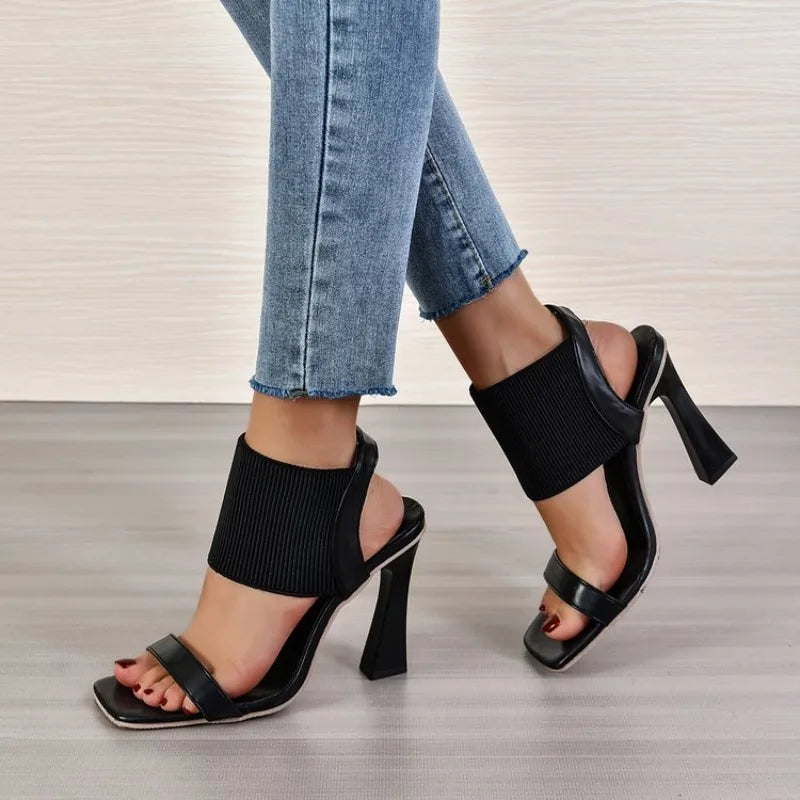 Square Toe High Heeled Sandal Women's Elastic Strap Slingback Pyramid Heeled Shoes Fashion Plus Size Sandals with Peep Toe Heels