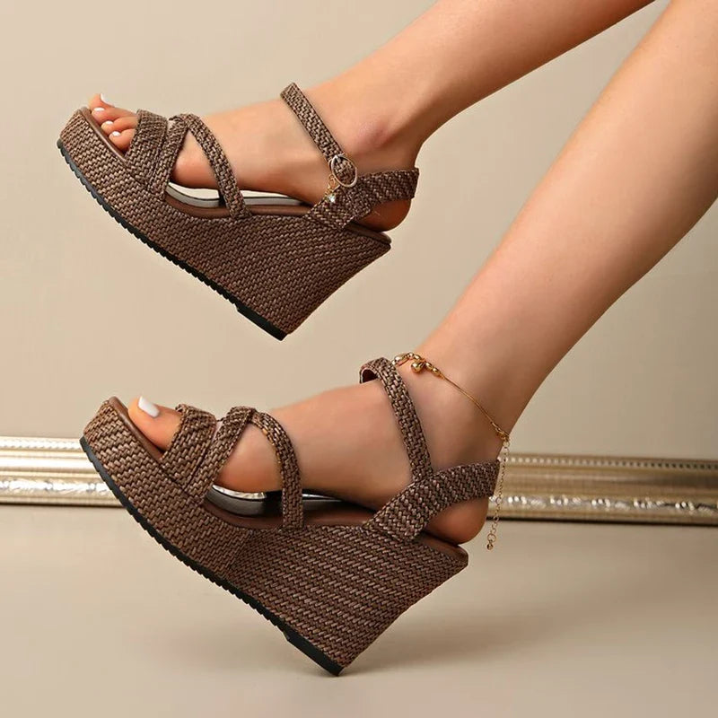 Ankle Buckle Coffee Wedges Sandals Women 2026 Summer Woven Chunky Platform Sandles Woman Peep Toe Plus Size Fashion Sandals 42