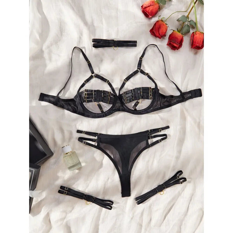 Toucheart Hollow Out 4-piece Sexys Set Transparent Lingerie For Women Underwear See Through Lingerie Sets Female Sexy Costumes