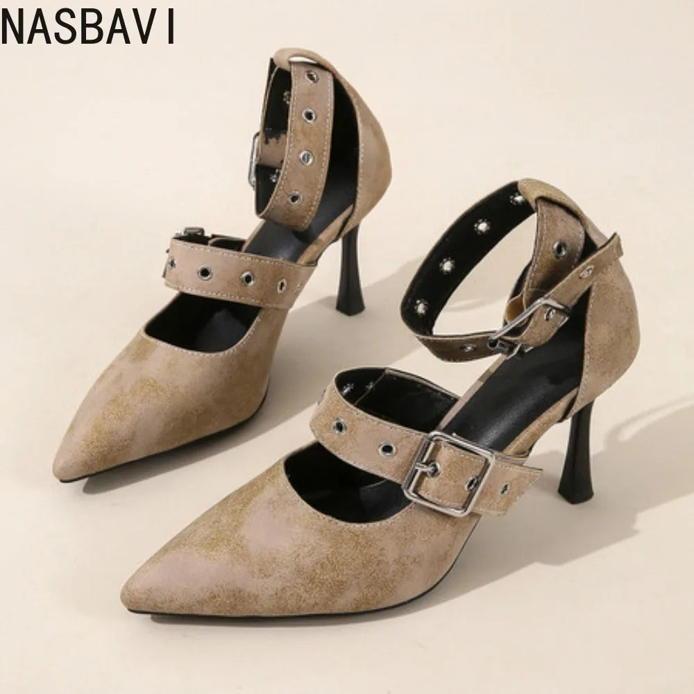 Black Punk Gothic High Heels Sexy Plus Size 34-45 Pointed Toe Fashion Buckle Rivet French Retro Women Pumps Wedding Sandals New