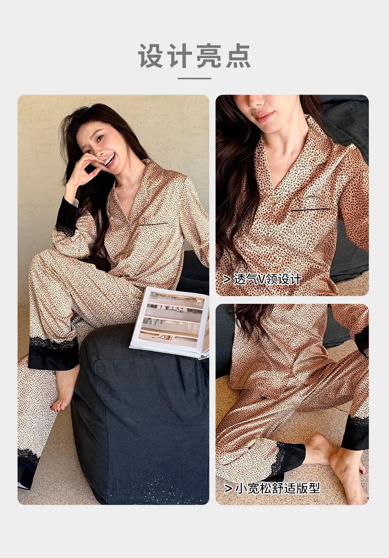 2026 Pajamas for Women Ice Silk Sexy Lace Small Leopard Print Long Sleeve Home Clothes Pajamas Set Can Be Weared Outside