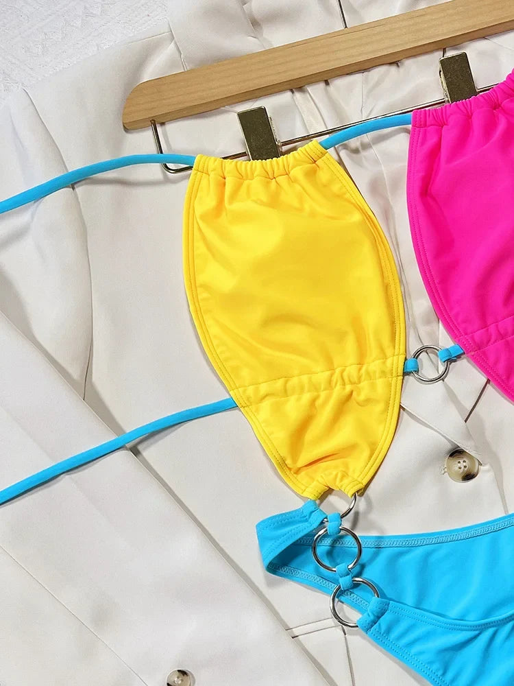 Sexy Halter Metal Rings Tummy Cut Out Female Swimwear One Piece Swimsuit Women High Cut Monokini Backless Bathing Suit Swim Lady
