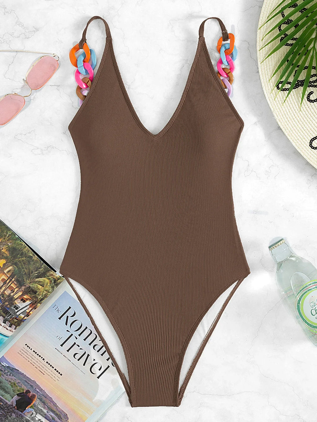 3 Colors Sexy One Piece Swimsuit Swimwear Women Deep V-neck Colorful Chain Solid Bathing Suit Beachwear 2026 New Bikinis Mujer