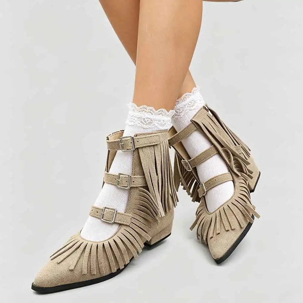 Women's Vintage Fringe Summer Ankle Boots Bohemian Buckle Straps Pointed Toe Ethnic Tassel Hollow Out Western Cowgirls Shoes