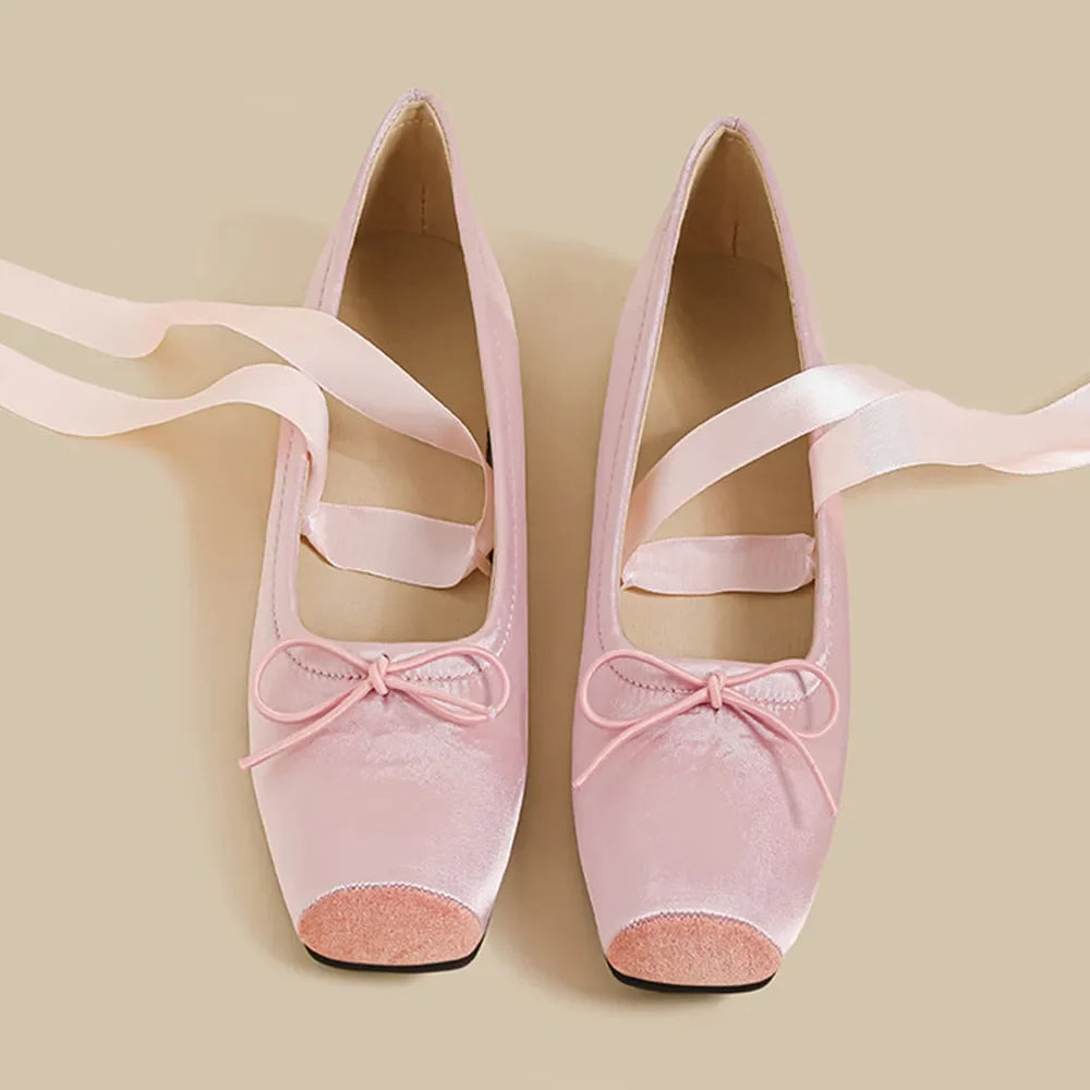Balletcore Style Satin Lace-Up Flats for Women Black Ballerina Bow Detail Square Toe Ankle Wrap Ribbon Ballet Coquette Shoes